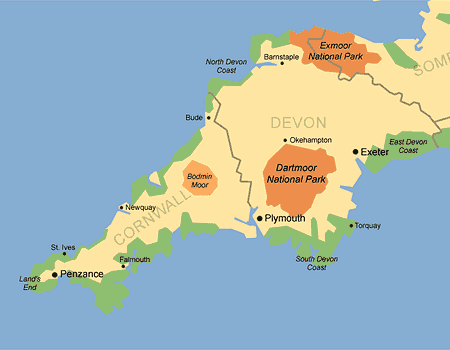 map: Devon and Cornwall