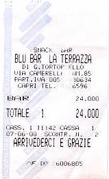 Lunch ticket of Blu Bar La Terrazza, Capri